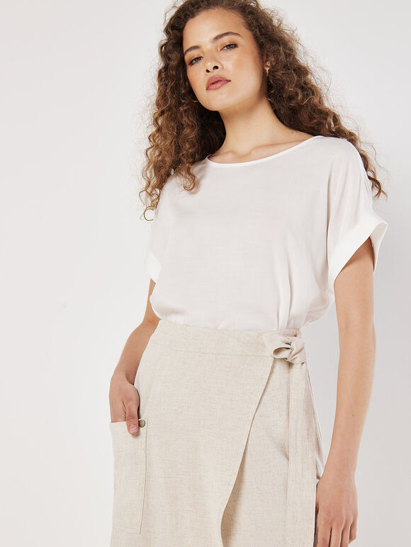 Linen Blend Wrap Midi Skirt, Cream, large