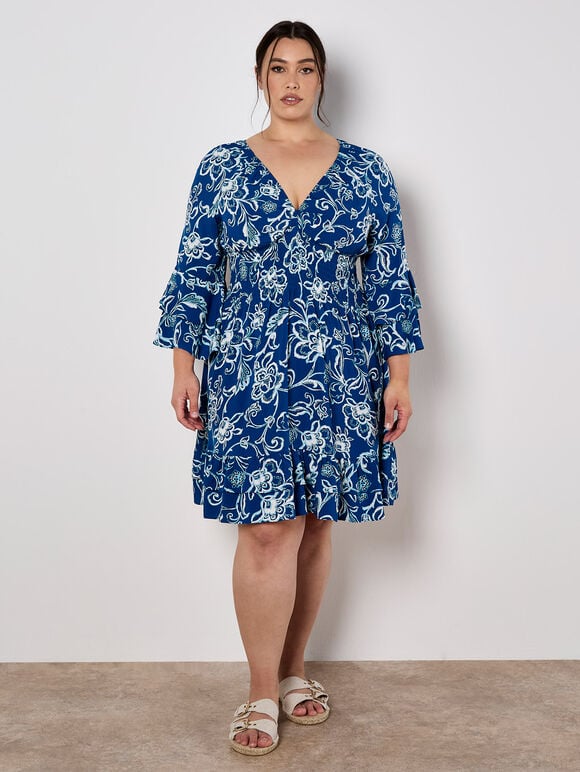 Sarasa Floral Smocked Ruffle Mini Dress, Blue, large
