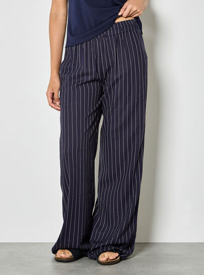 Pinstripe Linen Blend Wide-Leg Trousers