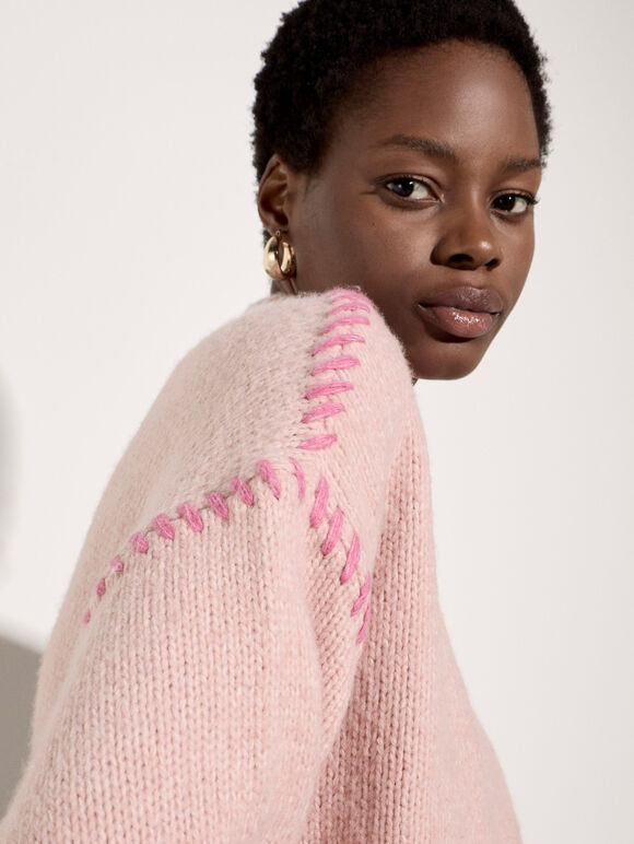 Blanket Stitch Chunky Knit Jumper, Pink, large