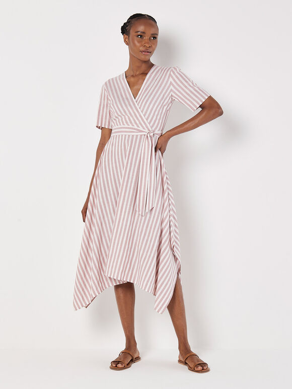 Stripe Wrap Hanky Hem Midi Dress, Pink, large