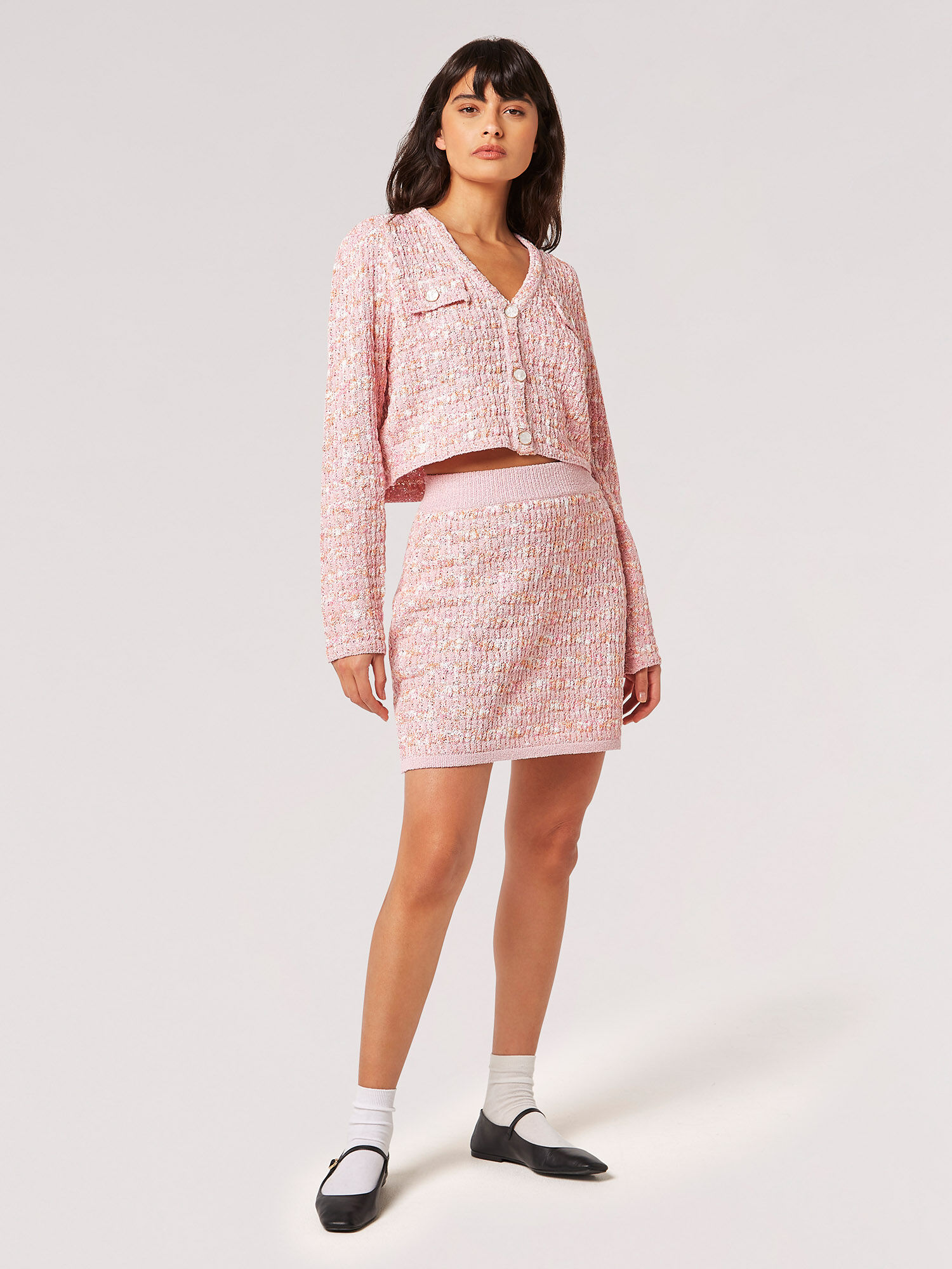 Marl Knit Cardigan Skirt Co ord Apricot Clothing