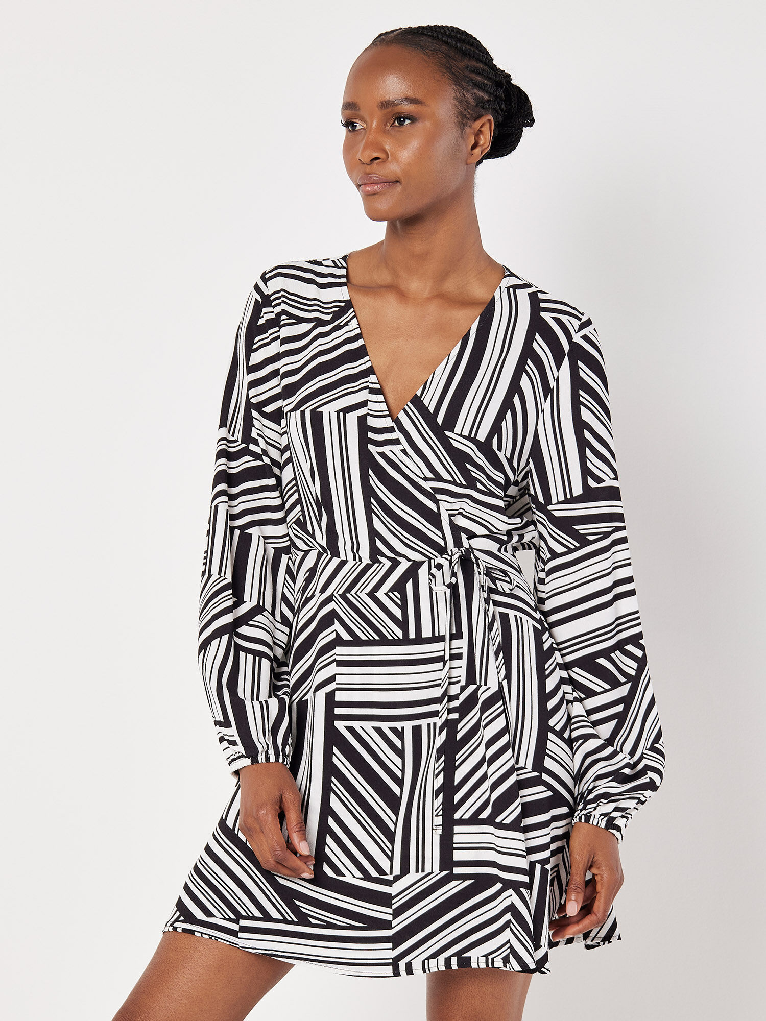 Mixed Stripes Mini Wrap Dress Apricot Clothing