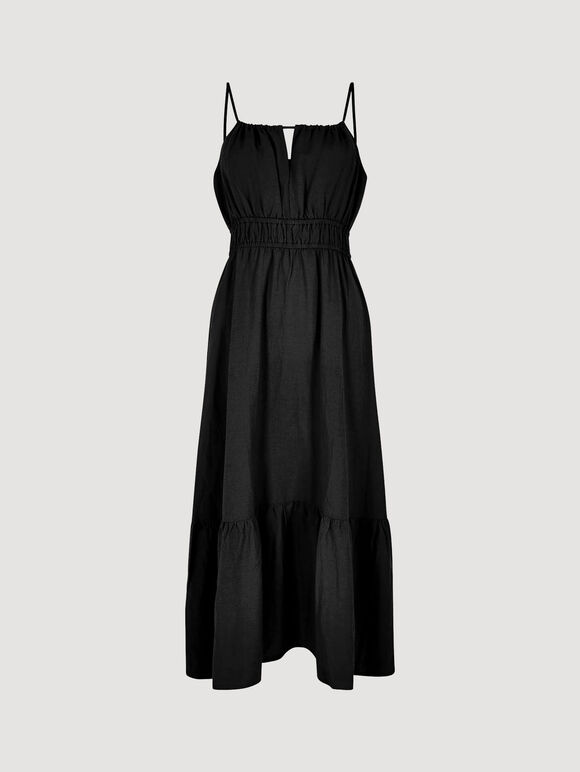 Drawstring Neck Smocked Midi Dress, Black, large