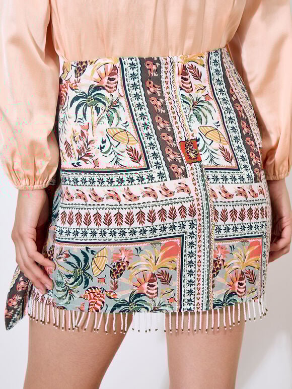 Tropical Print Beaded Wrap Mini Skirt, Mint, large