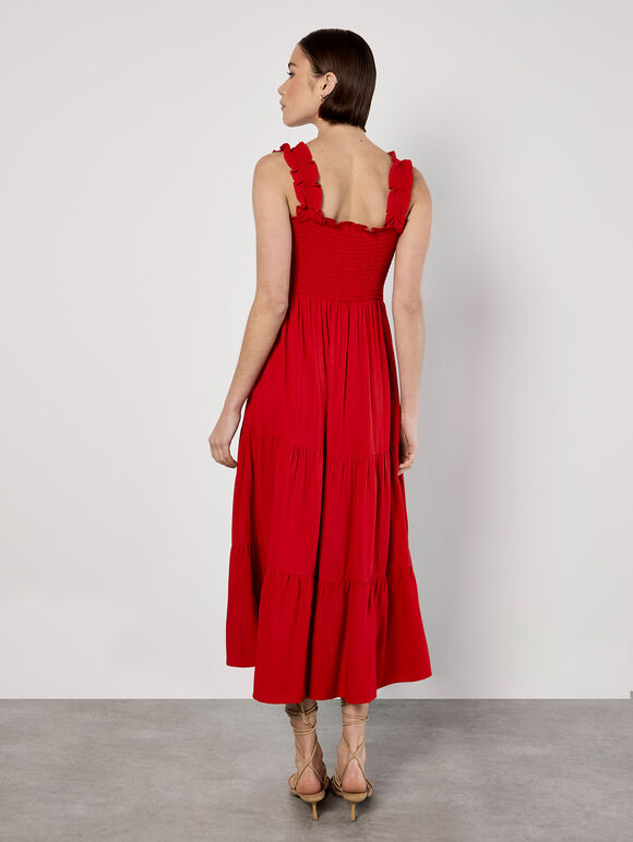 Smock Tiered Midi Dress, Red, large