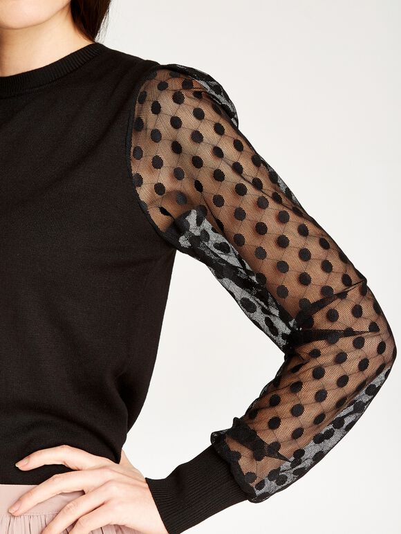 Polka Dot Mesh Sleeve Knit Jumper, Black, large