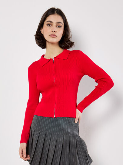 Zip Through Ribbed Knit Cardigan