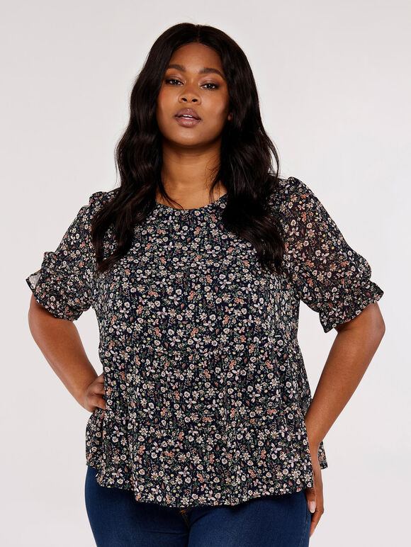Curve Floral Ruffle Tiered Top, Navy, large