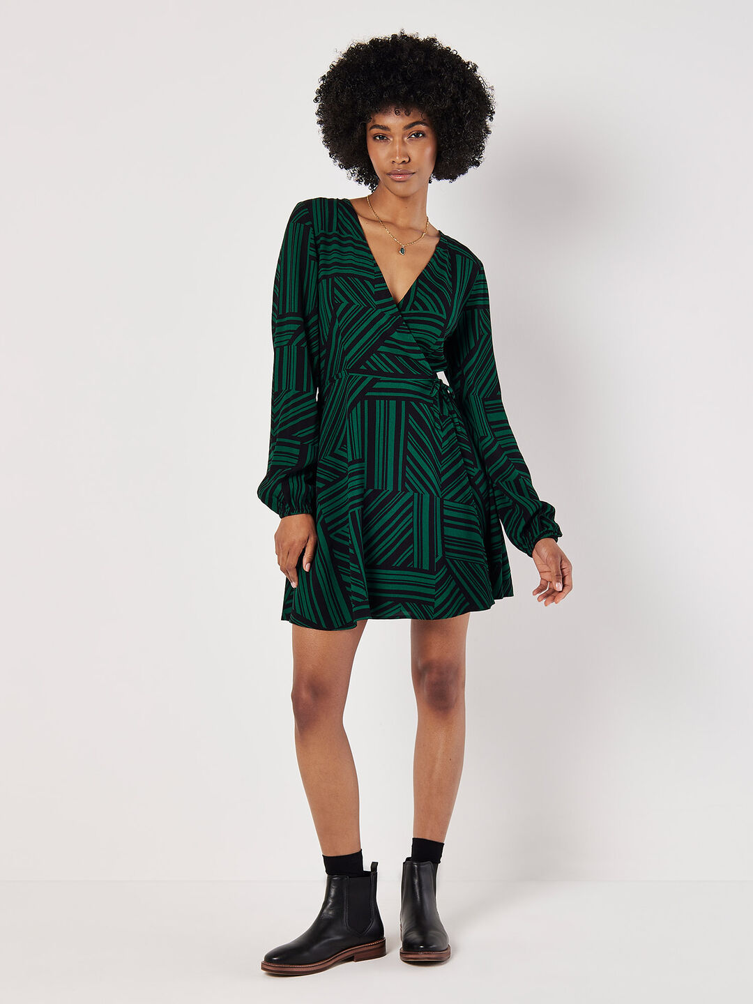 Apricot Women's Mixed Stripes Mini Wrap Dress in Green | Size: 10