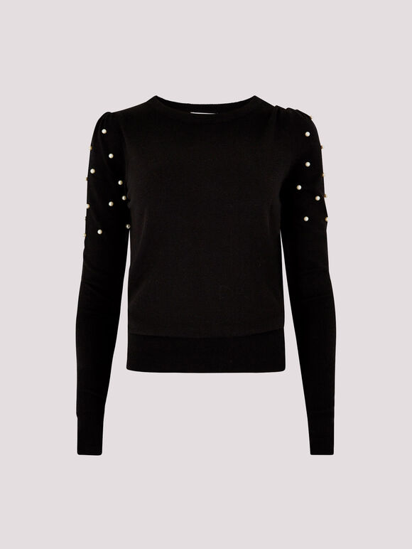 Pearl Embellished Fine Knit Jumper, Black, large