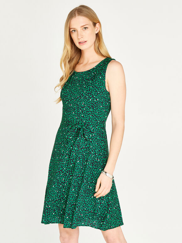 Apricot Leaf Pleat Detail Skater Dress, Green, large