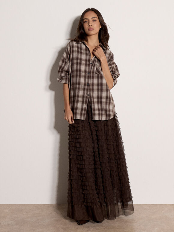 Check Print Oversized Shirt, Brown, large