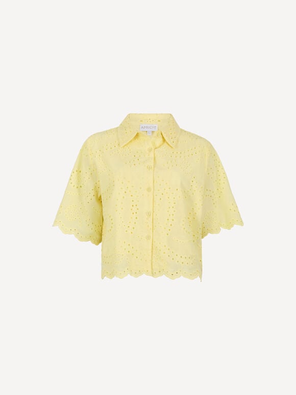 Scalloped Broderie Cropped Shirt, Yellow, large