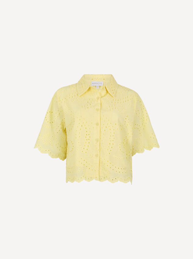Scalloped Broderie Cropped Shirt, Yellow, large