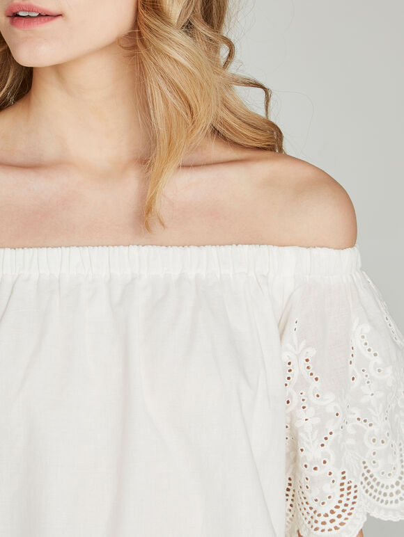 Cream Bardot Lace Trim Top, Cream, large