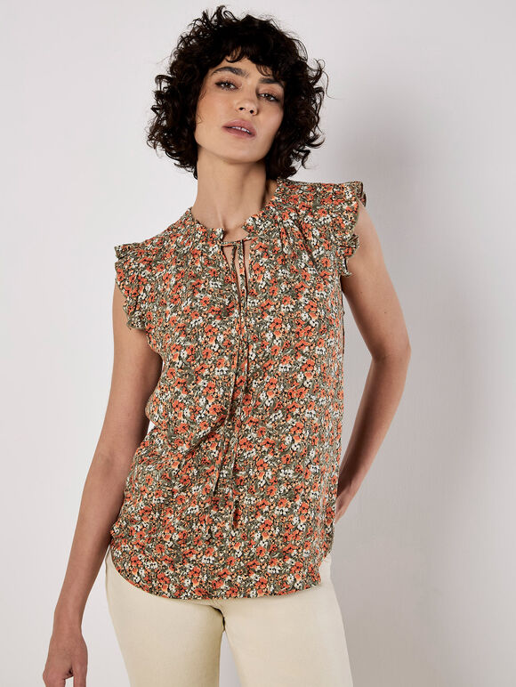 Ditsy Floral Ruffle Sleeve Top, Khaki, large
