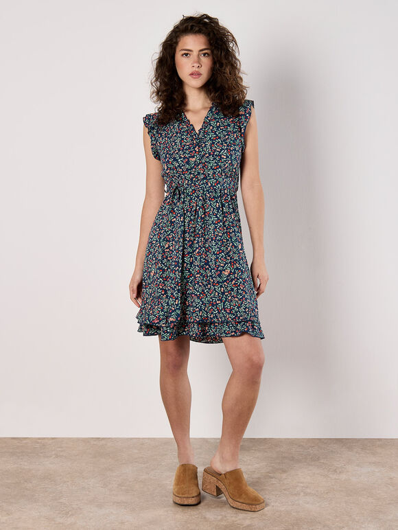Ruffle Floral Mini Dress, Navy, large