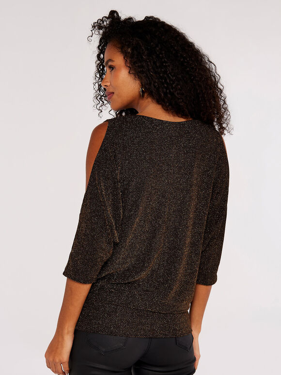 Metallic Sparkle Cold Shoulder Top, Brown, large