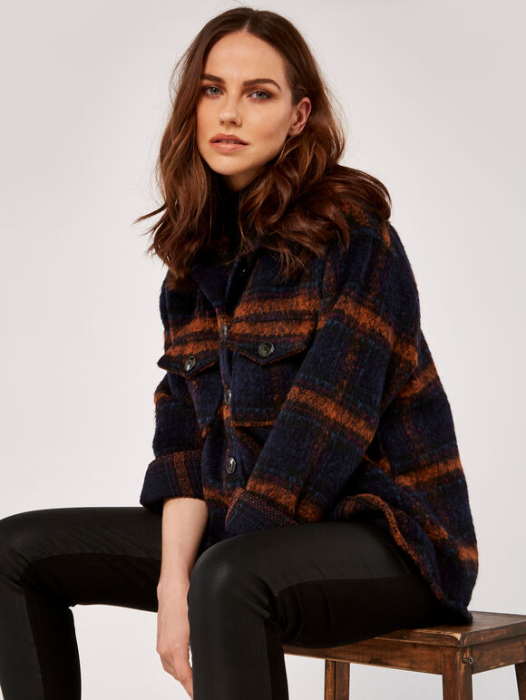 Pocket Plaid Shacket, Navy, large