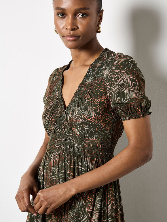 Peacock Feather Print Maxi Dress, Khaki, large