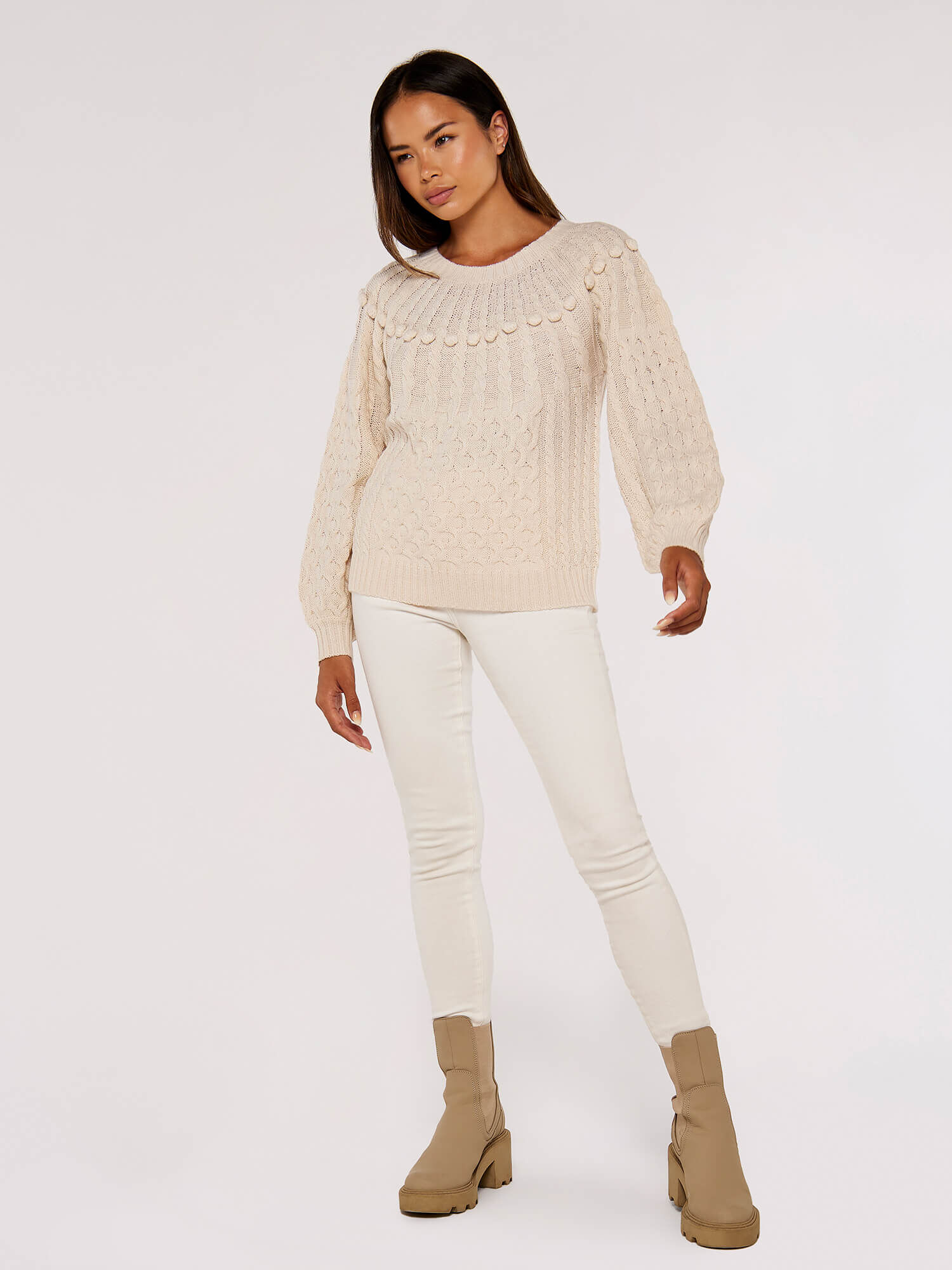 Aran Knit Pom Pom Jumper Apricot Clothing