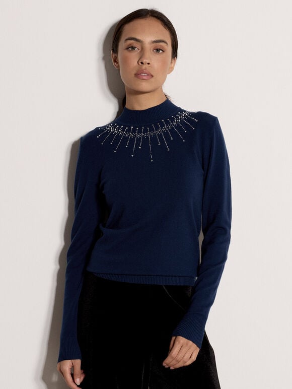 Rhinestone Gem Embellished Jumper, Navy, large