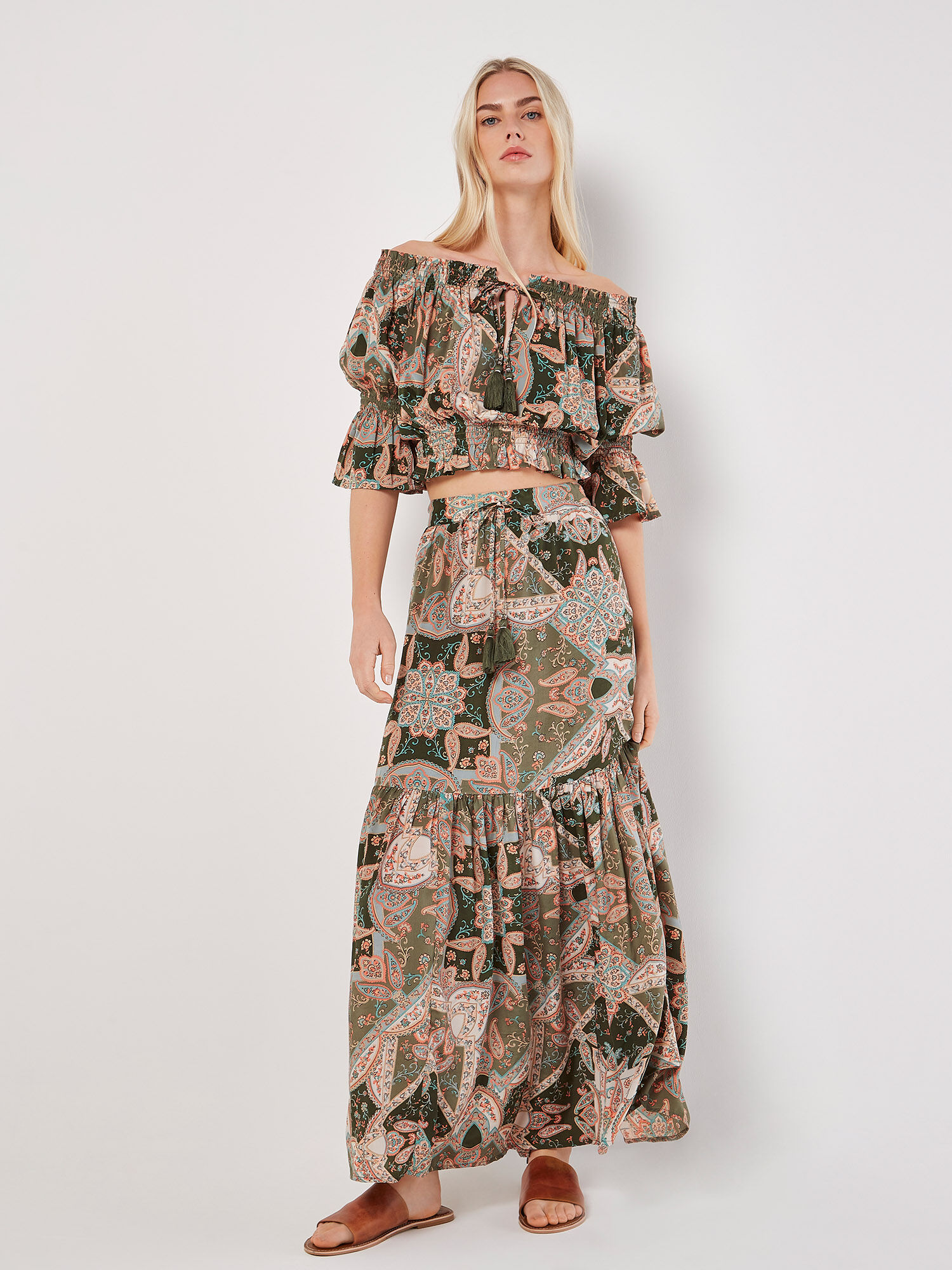 Satin Scarf Print Tiered Maxi Skirt Apricot Clothing