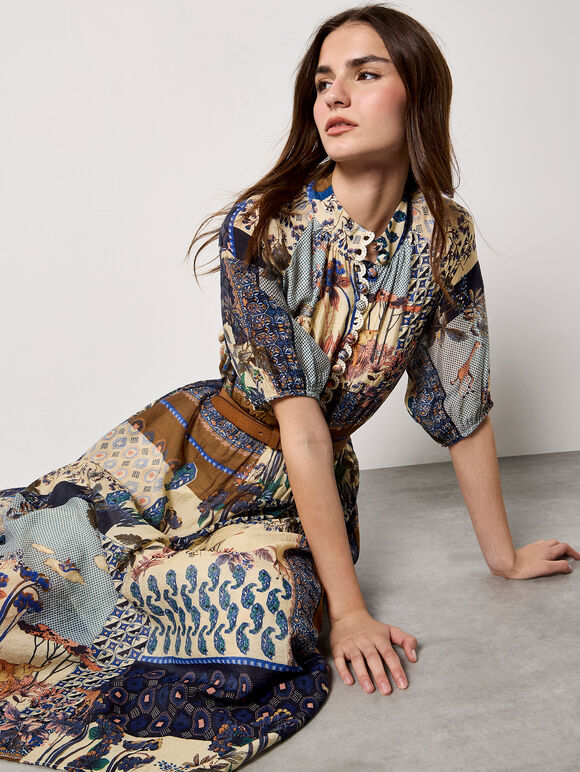 Patchwork Print Midi Dress, Navy, large