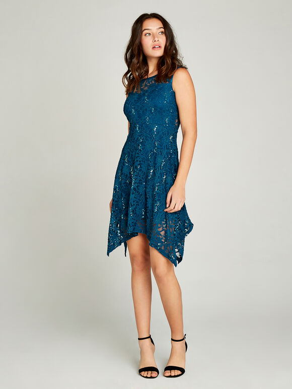 Sequin Lace Hanky Hem Skater Dress, Teal, large