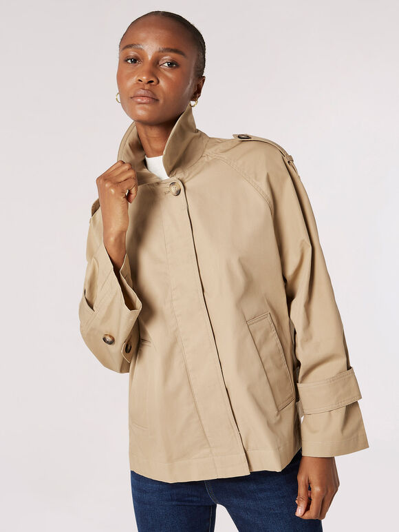 Short Cotton Trench Coat, Stone, large