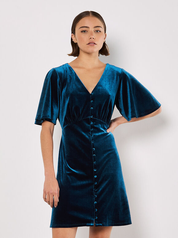 Velvet Button-Down Mini Dress, Teal, large
