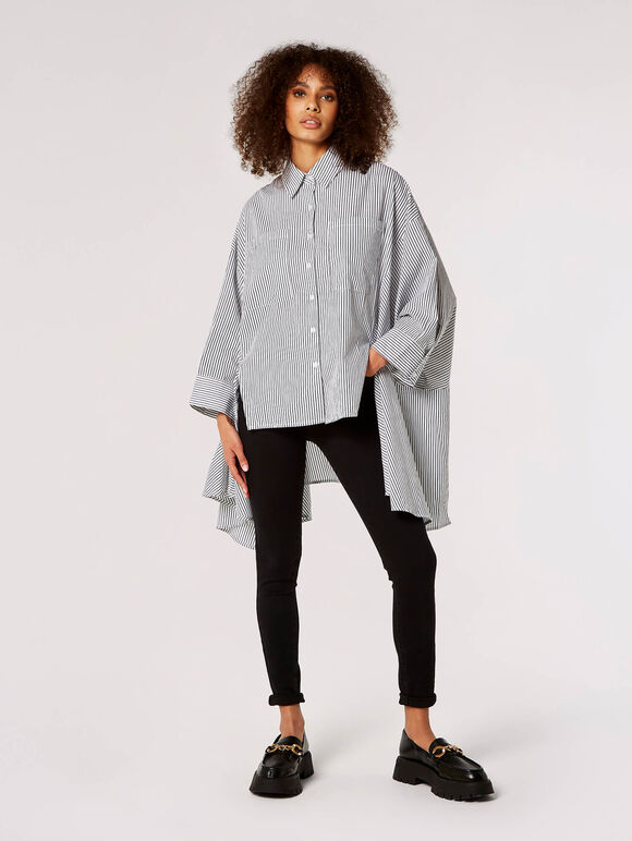 Oversized Striped Cotton Shirt, White, large