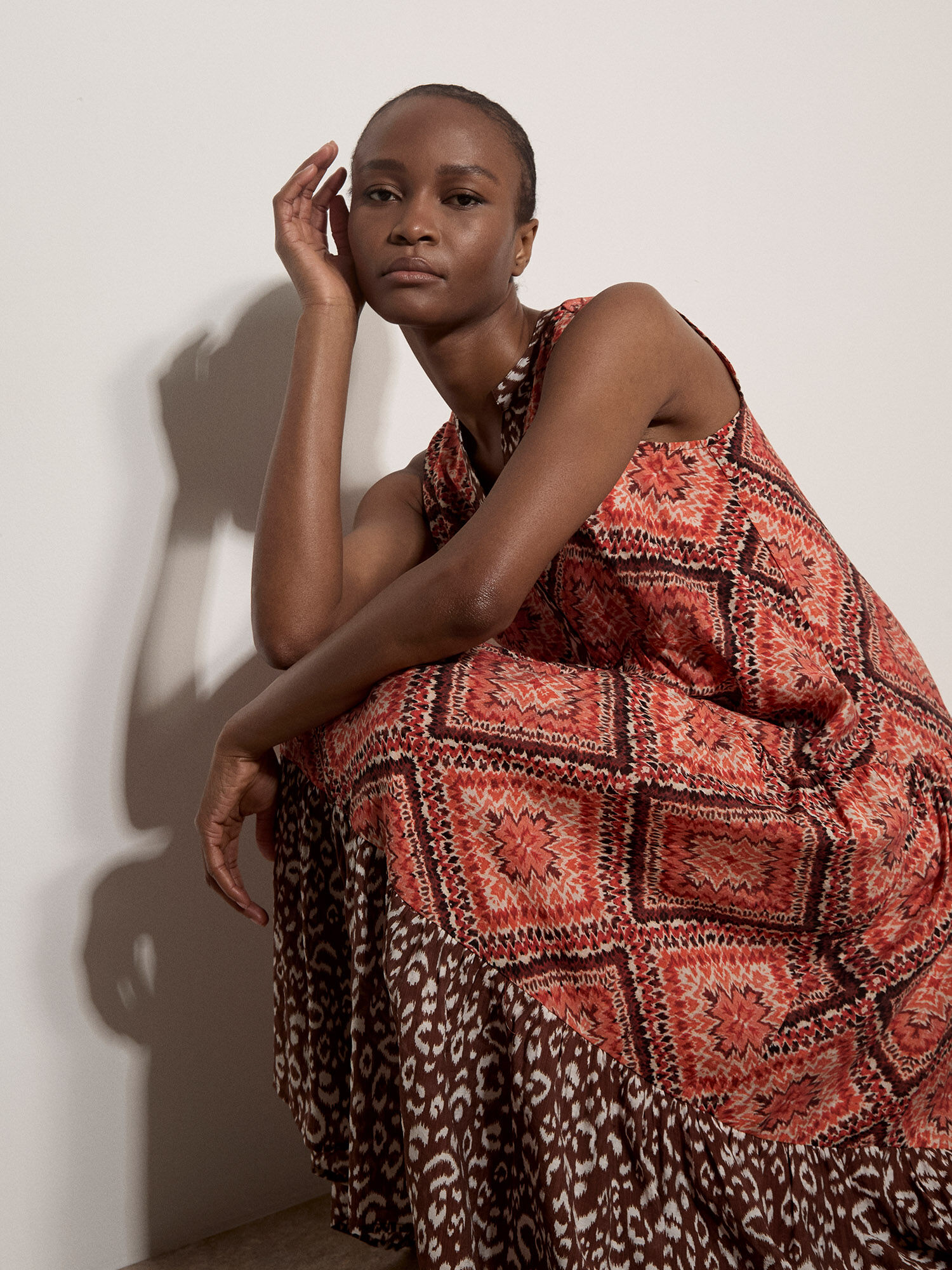 Geometric Patchwork Tiered Midi Dress | Apricot Clothing