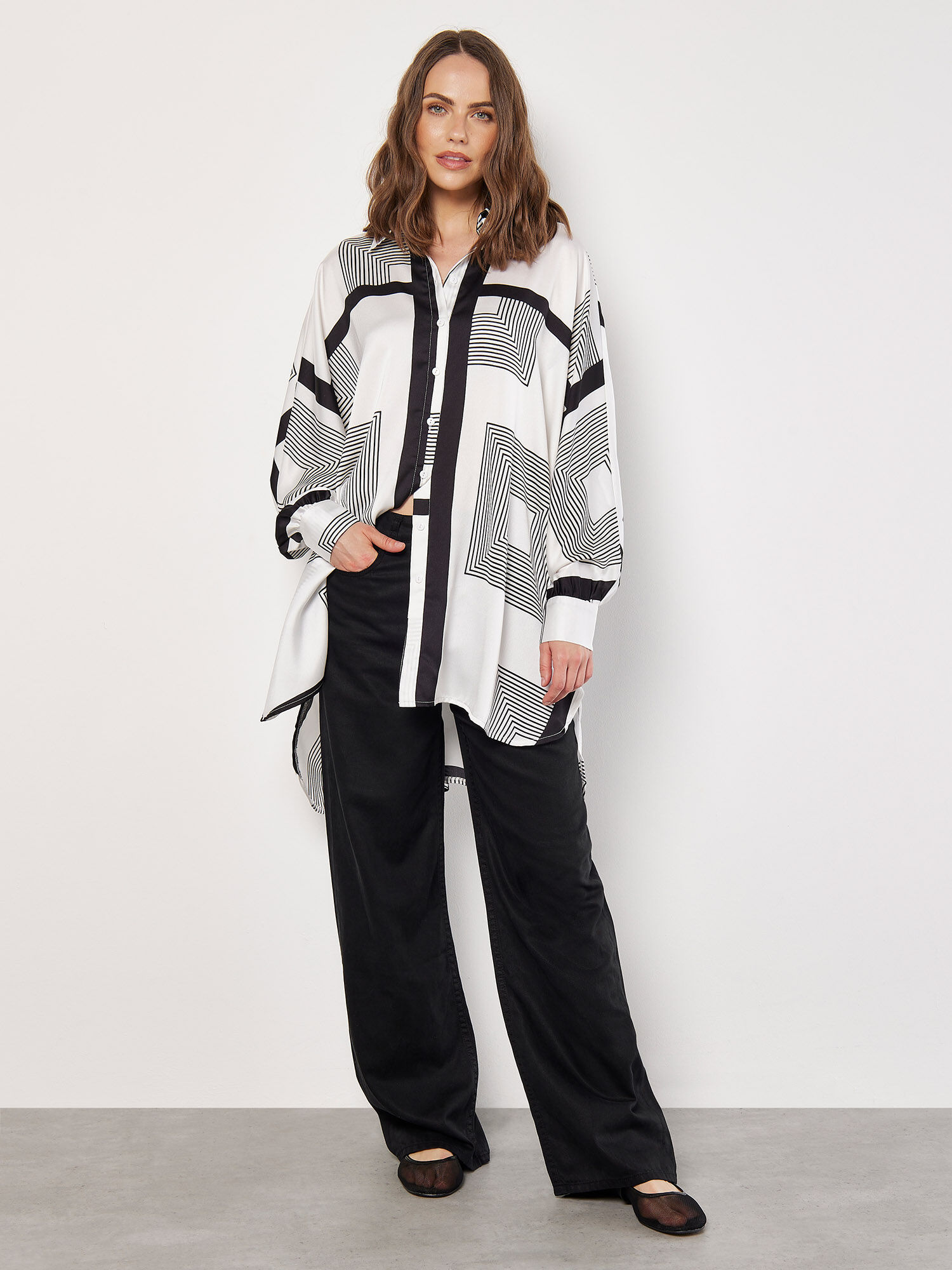 Graphic Squares Oversized Satin Shirt | Apricot Clothing