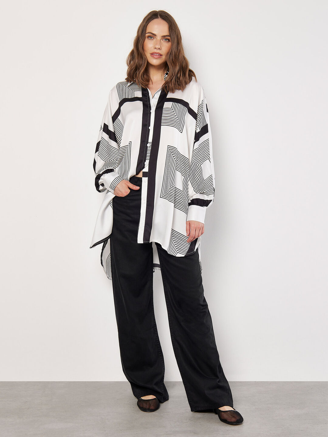 Graphic Squares Oversized Satin Shirt
