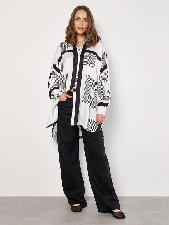 Graphic Squares Oversized Satin Shirt, Cream, large