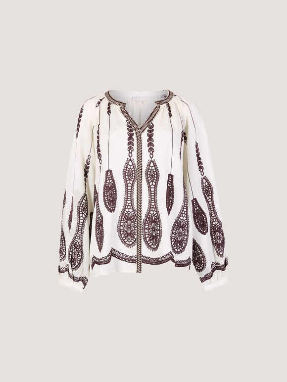 Floral Leaf Embroidered Blouse, Cream, large