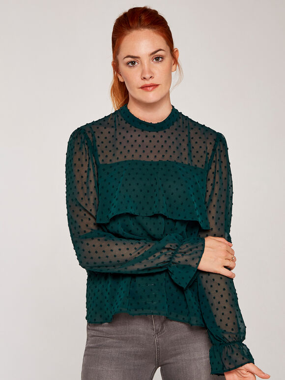 Sheer Dobby Long Sleeve Tiered Top, Green, large