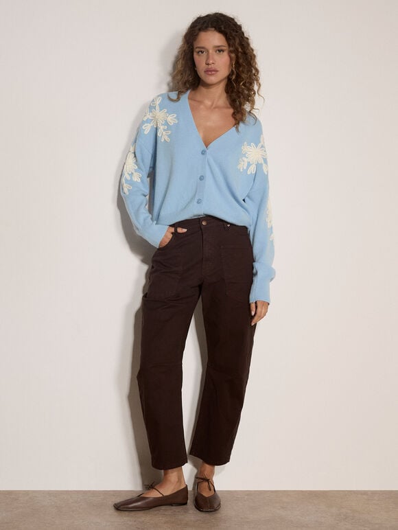 Floral Applique Cardigan, Sky Blue, large