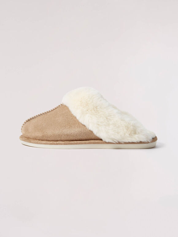 Furry Slip On Slipper, Stone, large