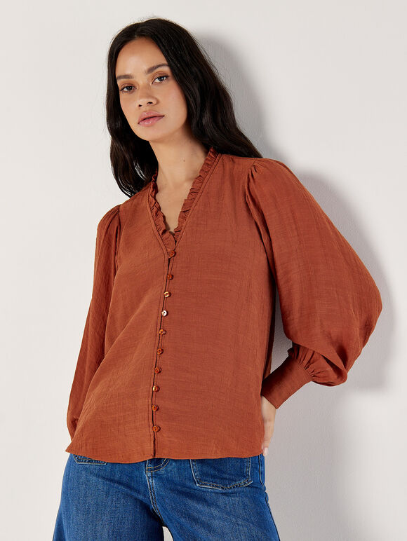 Ruffle Neck Textured Blouse, Rust, large
