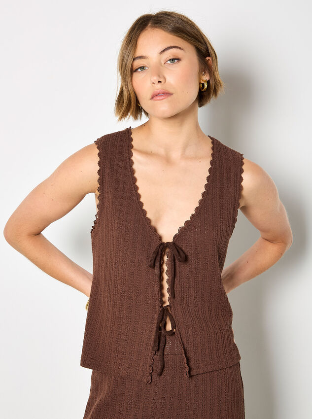 Cotton Blend Pointelle Knit Waistcoat, Brown, large