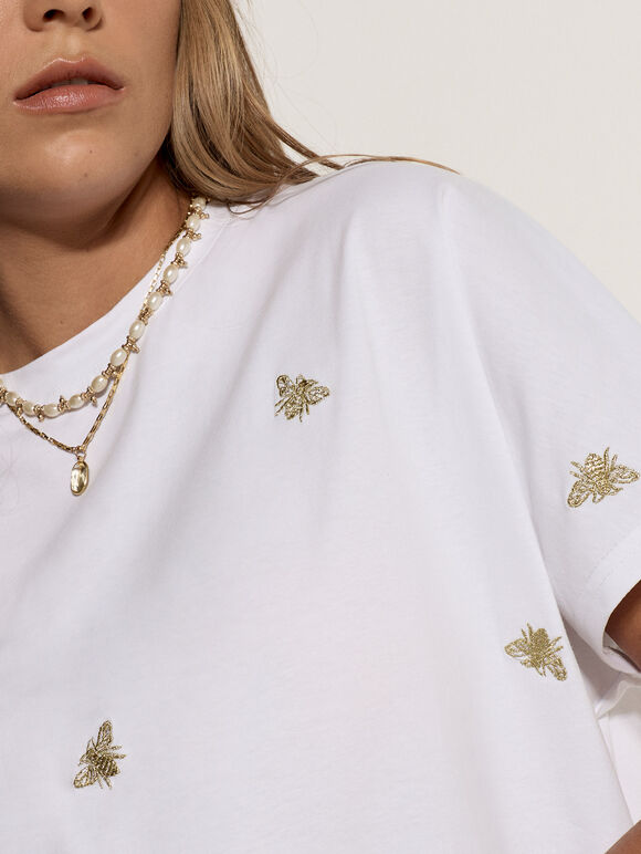 Gold Bee Embroidered T-Shirt, White, large