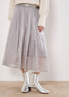 Stud Metallic Shimmer Mesh Midi Skirt, Silver, large