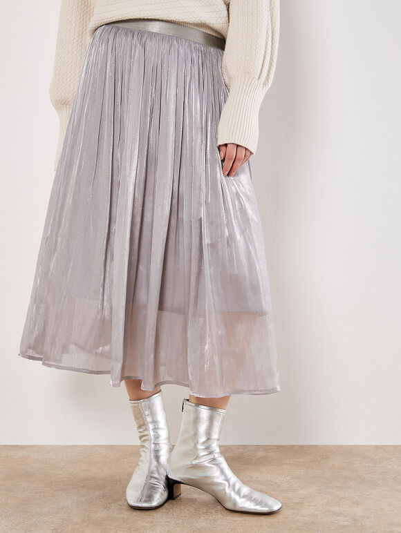 Stud Metallic Shimmer Mesh Midi Skirt, Silver, large