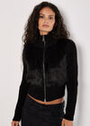 Faux Fur Ribbed Knit Cardigan, Black, large