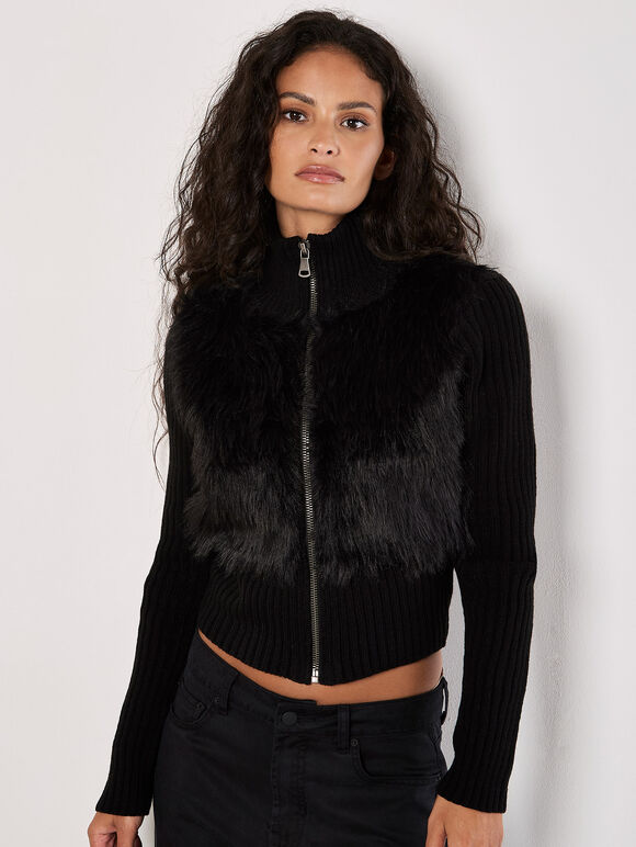 Faux Fur Ribbed Knit Cardigan, Black, large