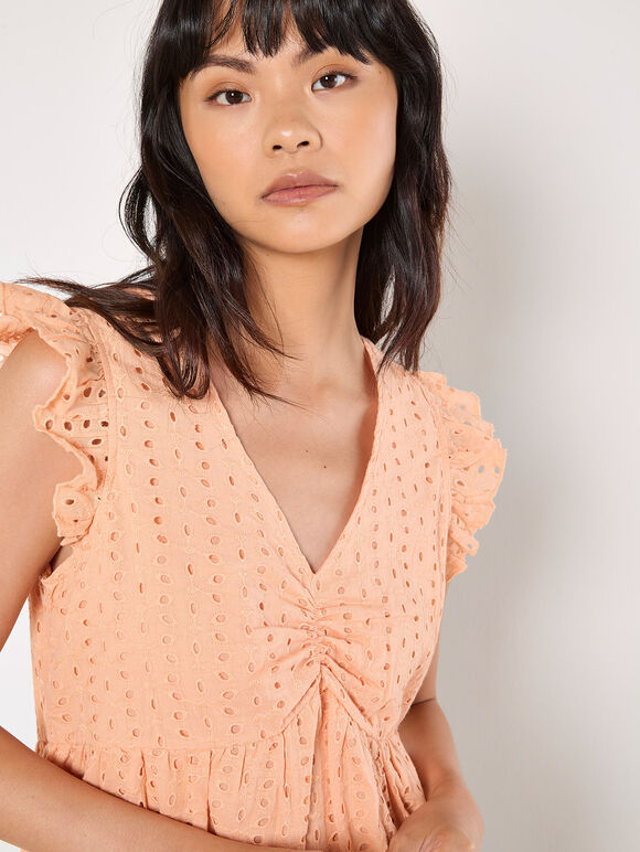 Cotton Broderie Ruffle Shoulder Top, Peach, large