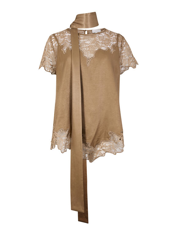 Lace Insert Satin Scarf Top, Gold, large